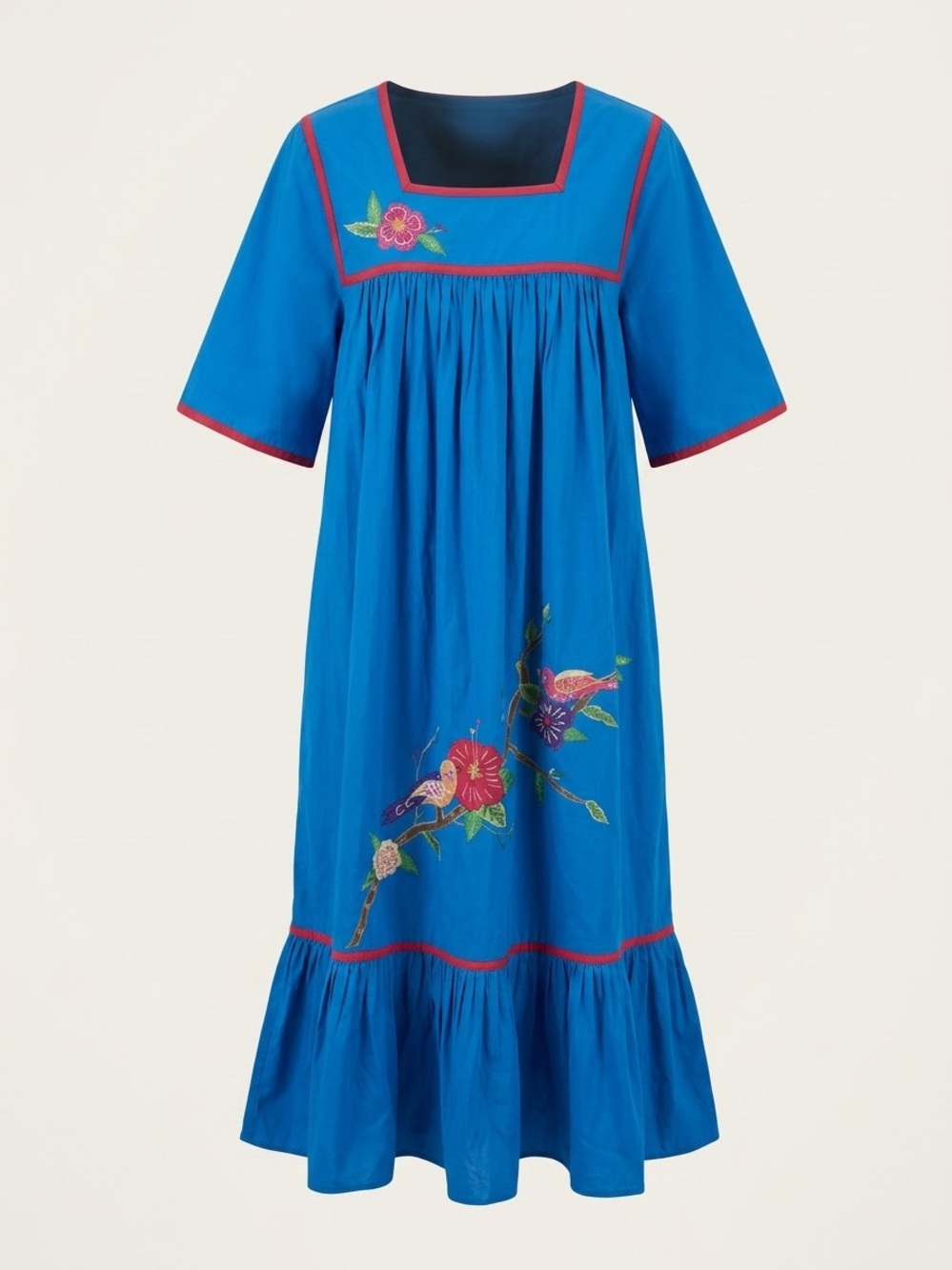 Bechamel Blue Embroidered Floral & Bird Midi Muumuu Dress NWT Size M